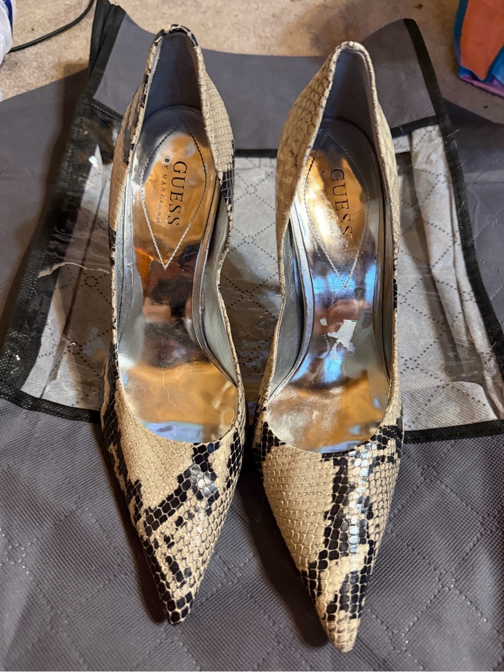 Vintage GUESS Beige and Black Snake-Print Pointed-Toe Heels